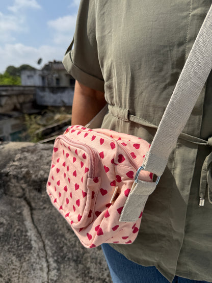 Pink Heart Cotton Canvas Multi-pocket Crossbody Sling – Travel Light, Stay Stylish