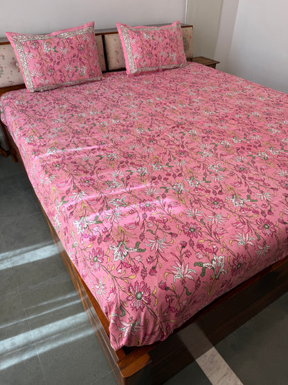 Persian Pink Pure Cotton King Size Bedsheet Set with 2 Pillow Covers (108”*108”)