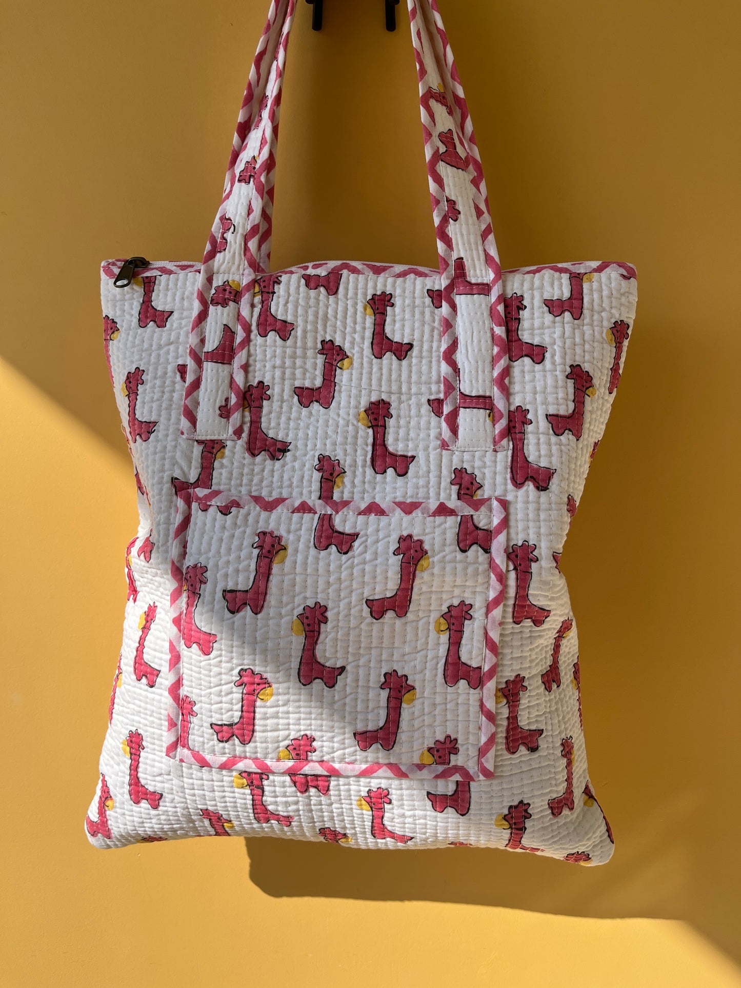 Giraffe Vertical Cotton Quilted Tote Bag