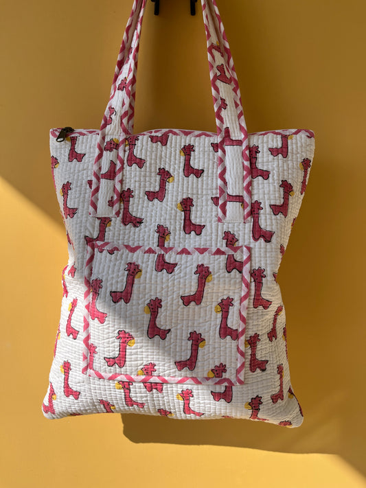 Giraffe Vertical Cotton Quilted Tote Bag