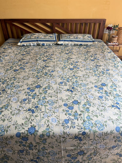 Sea Bloom Cotton Queen Size Bedsheet with 2 Pillow Covers (100”*108”)