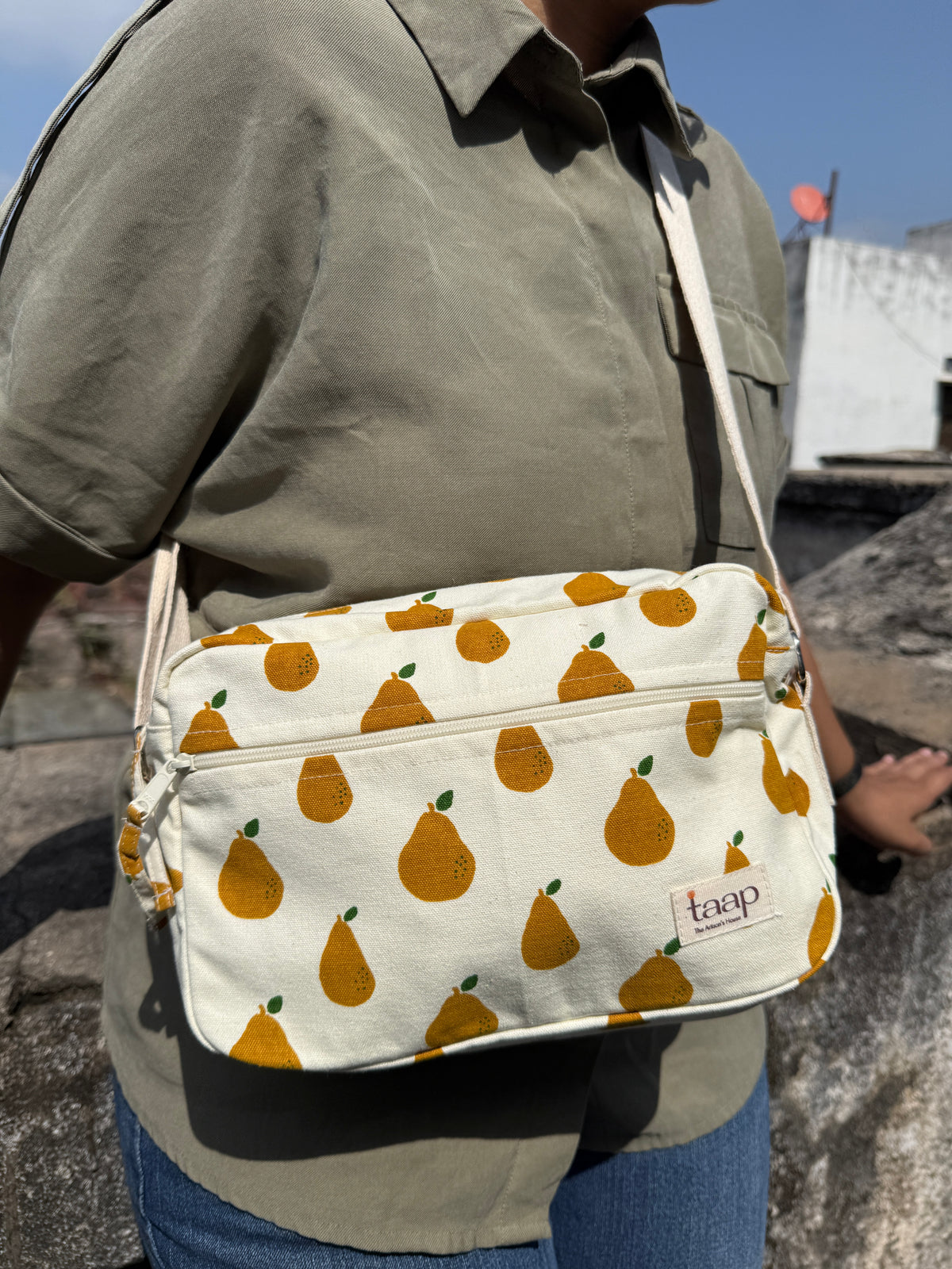 Pear Cotton Canvas Horizontal Sling with Front & Inside Pocket – Sleek, Secure & Always Ready