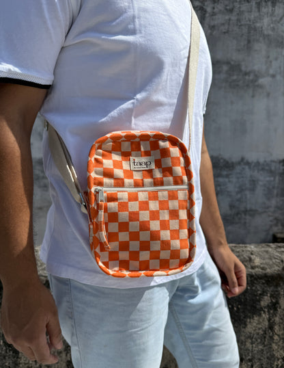 Orange Checkered Cotton Canvas Vertical Crossbody Sling – Travel Light, Stay Stylish