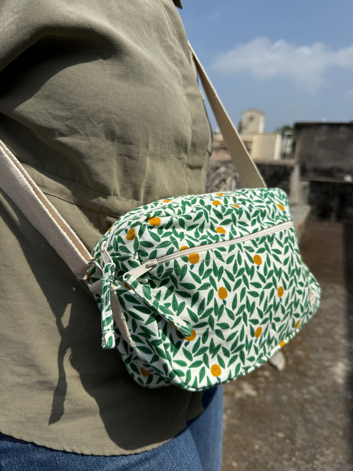 Green Leaf Cotton Canvas Horizontal Sling with Front & Inside Pocket – Sleek, Secure & Always Ready