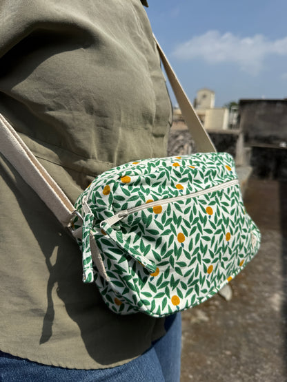 Green Leaf Cotton Canvas Horizontal Sling with Front & Inside Pocket – Sleek, Secure & Always Ready