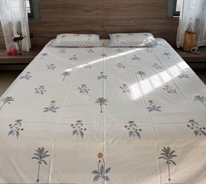 Blue Meadow HandBlock King Size Bedsheet with 2 Pillow Covers (108”*108”)
