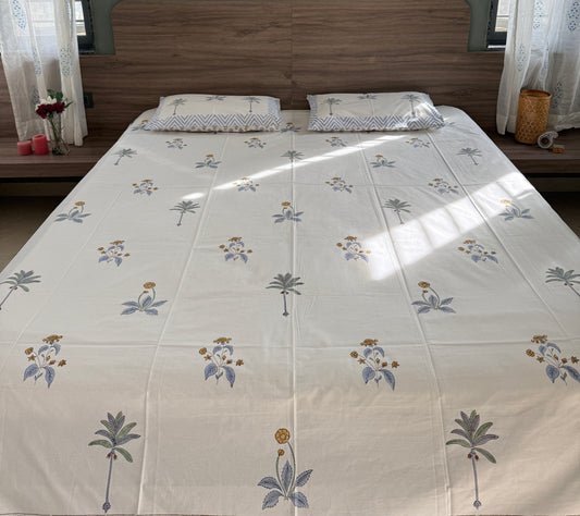 Blue Meadow HandBlock King Size Bedsheet with 2 Pillow Covers (108”*108”)