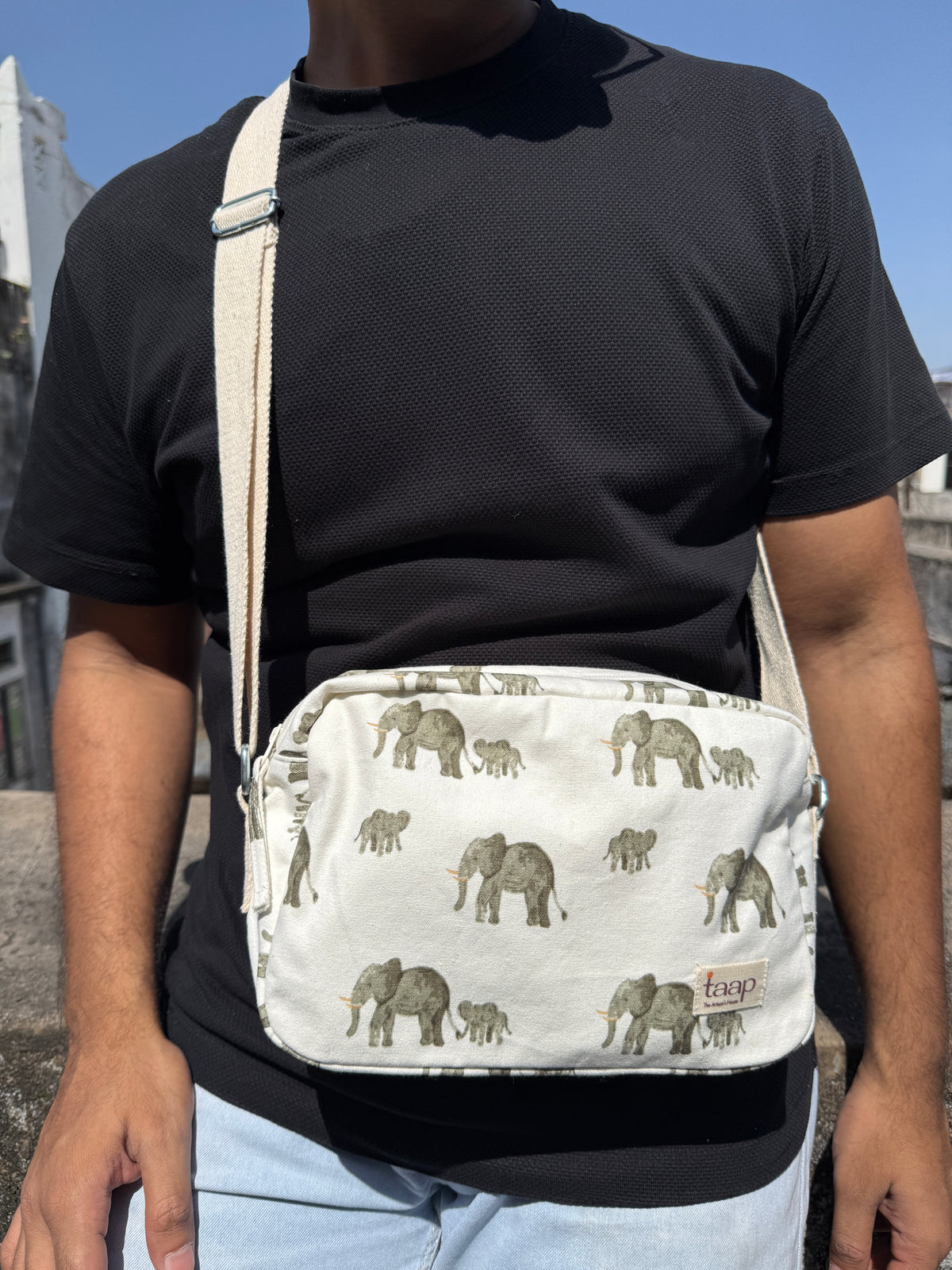 Elephant Cotton Canvas Horizontal Sling with Inside Pocket – Sleek, Secure & Always Ready