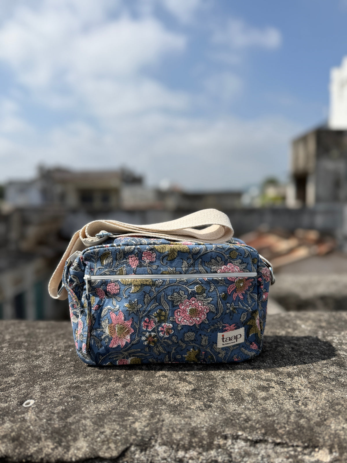 Dark Blue Floral Cotton Canvas Horizontal Sling with Front & Inside Pocket – Sleek, Secure & Always Ready