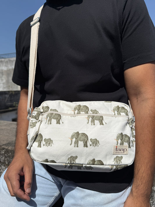 Elephant Cotton Canvas Horizontal Sling with Front & Inside Pocket – Sleek, Secure & Always Ready
