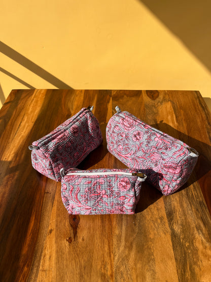 Dusky Pink Floral Cotton Quilted Pouches (set of 3)