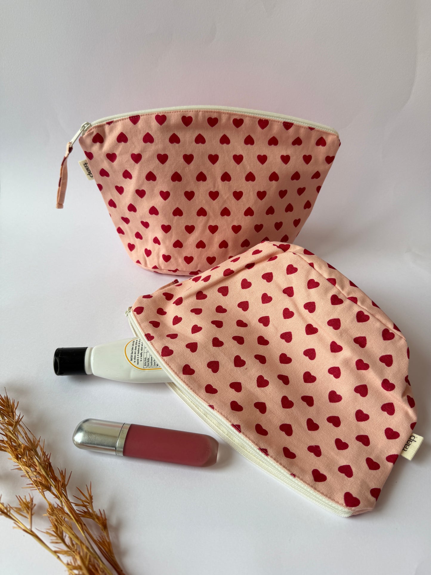 Pink Heart Cotton Canvas Big Pouch