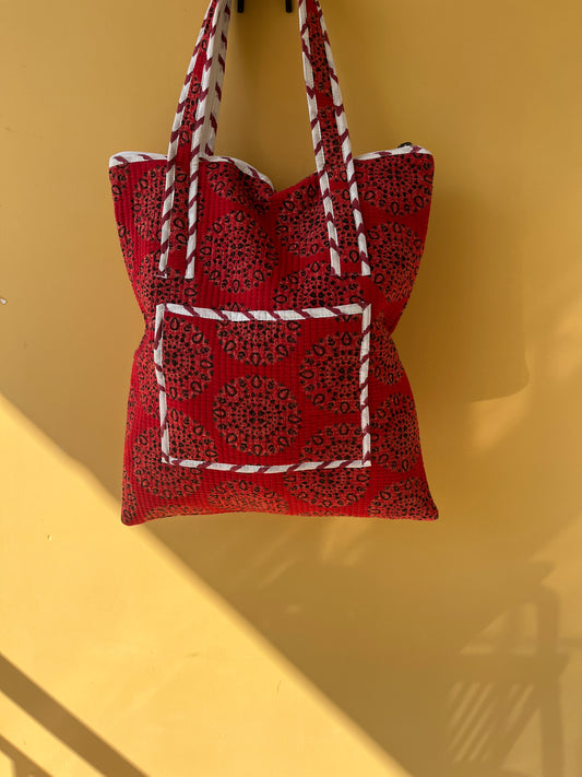 Crimson Charm Vertical Cotton Quilted Tote Bag