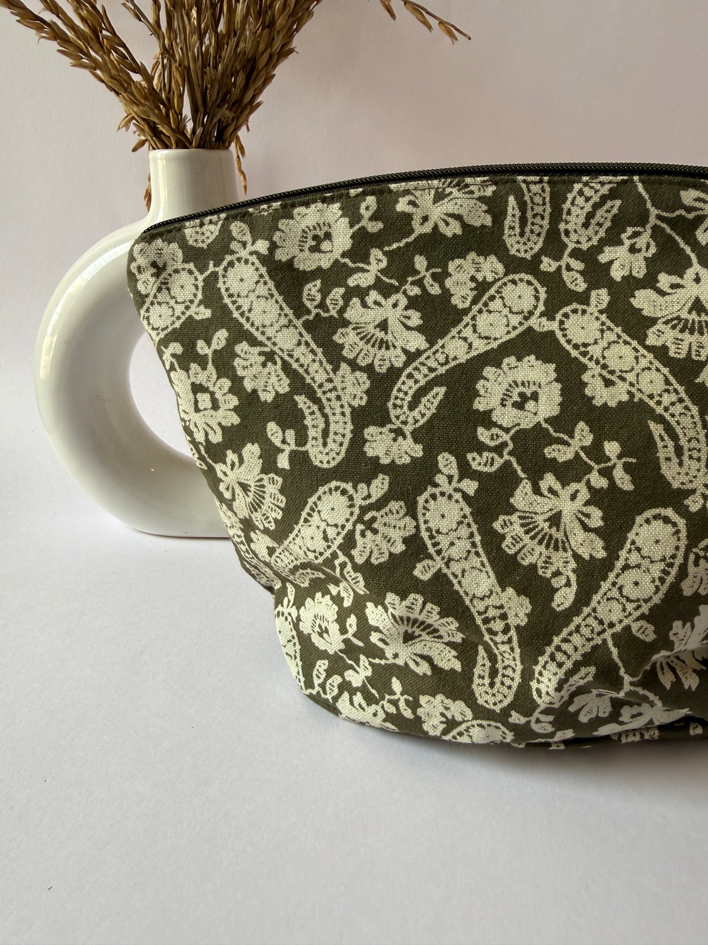 Green Paisley Cotton Canvas Big Pouch