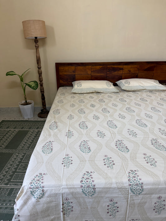 Serene Cascade HandBlock King Size Bedsheet Set with 2 Pillow Covers (108”*108”)
