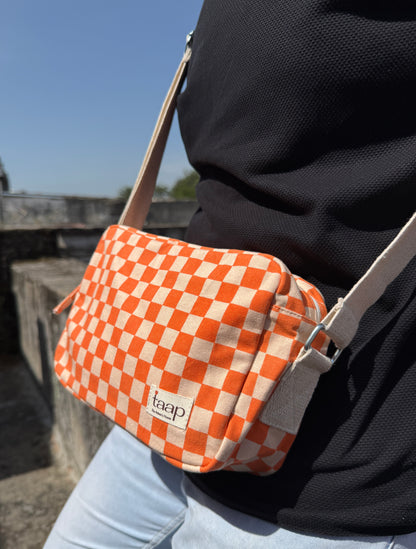 Orange Checkered Cotton Canvas Horizontal Sling with Inside Pocket – Sleek, Secure & Always Ready