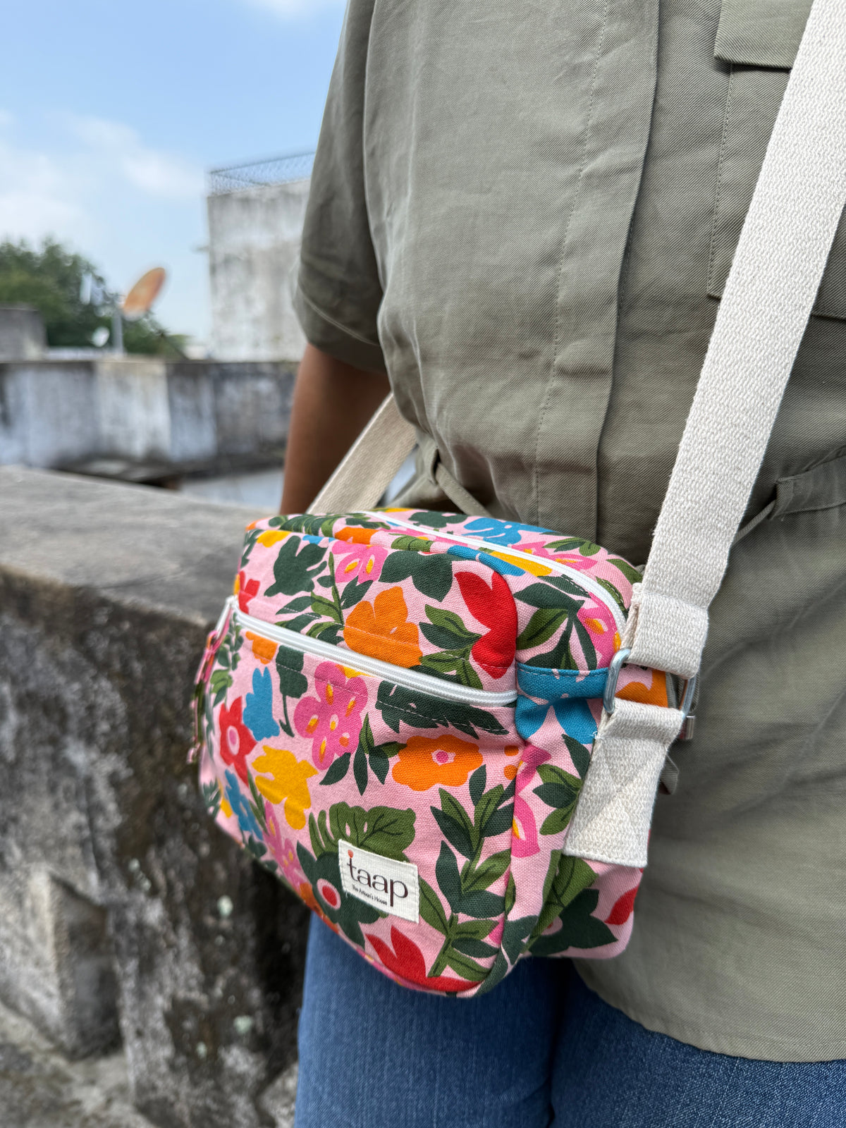 Tropical Floral Cotton Canvas Horizontal Sling with Front & Inside Pocket – Sleek, Secure & Always Ready
