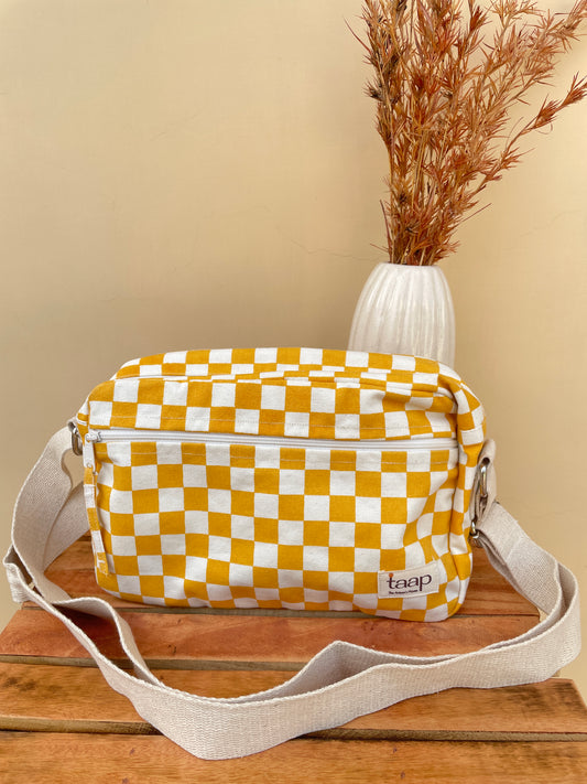 Yellow Checkered Cotton Canvas Horizontal Sling with Front & Inside Pocket – Sleek, Secure & Always Ready