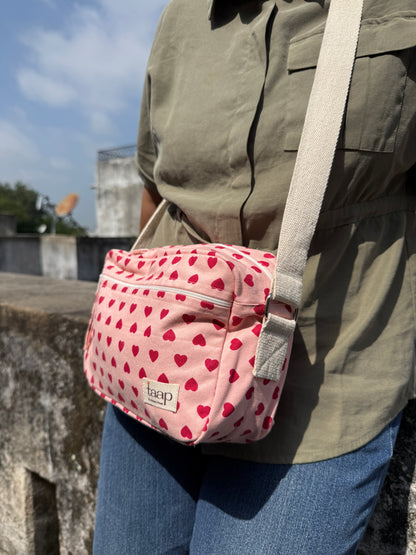 Pink Heart Cotton Canvas Horizontal Sling with Front & Inside Pocket – Sleek, Secure & Always Ready