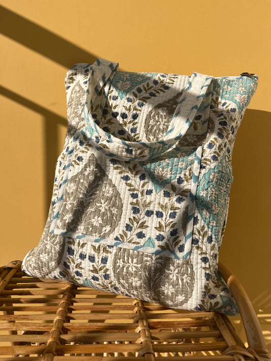 White Paisely  Vertical Cotton Quilted Tote Bag