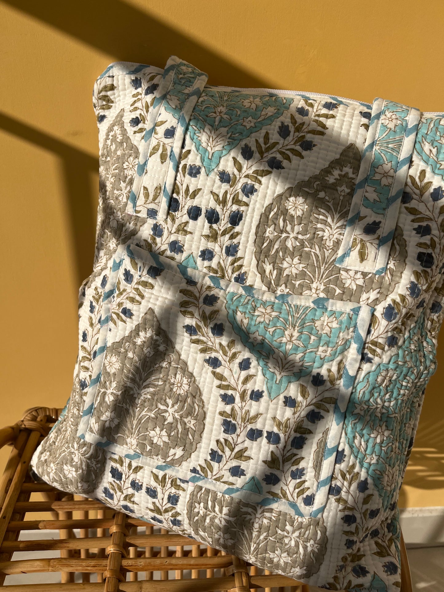 White Paisely  Vertical Cotton Quilted Tote Bag