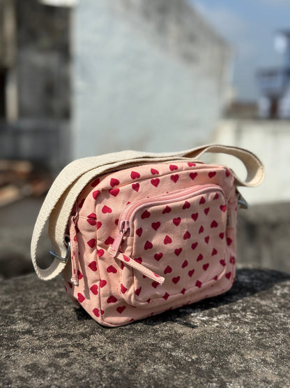Pink Heart Cotton Canvas Multi-pocket Crossbody Sling – Travel Light, Stay Stylish