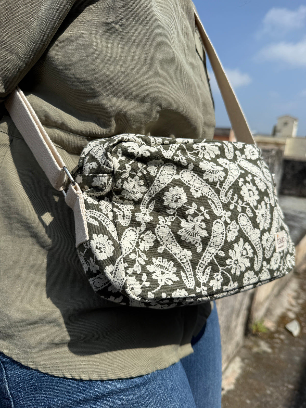 Green Paisley Cotton Canvas Horizontal Sling with Inside Pocket – Sleek, Secure & Always Ready