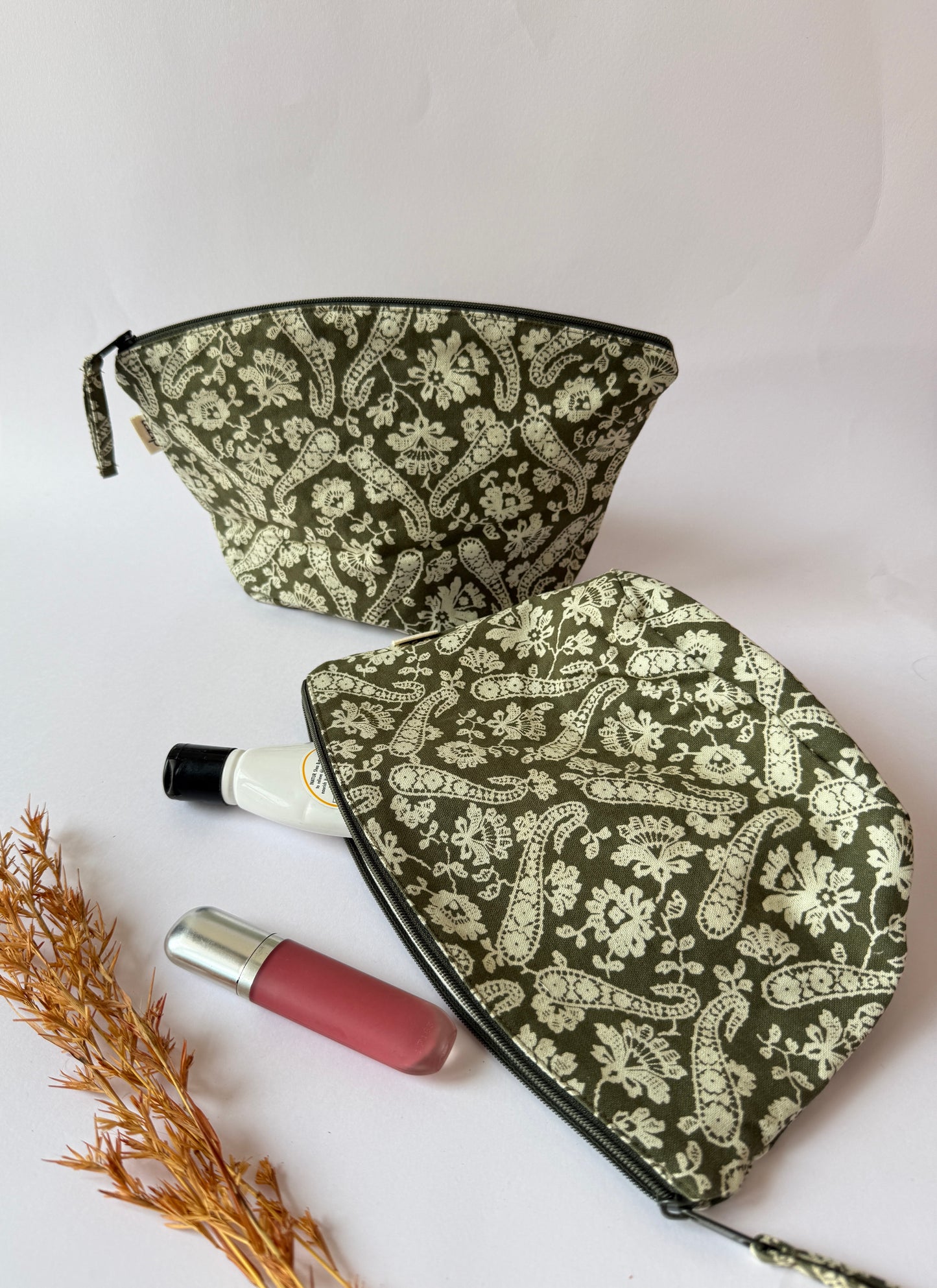 Green Paisley Cotton Canvas Big Pouch