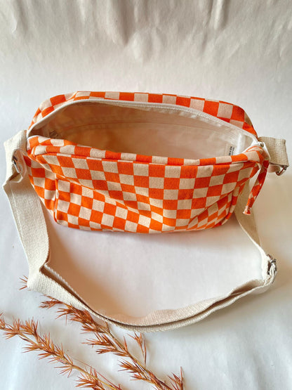 Orange Checkered Cotton Canvas Horizontal Sling with Inside Pocket – Sleek, Secure & Always Ready