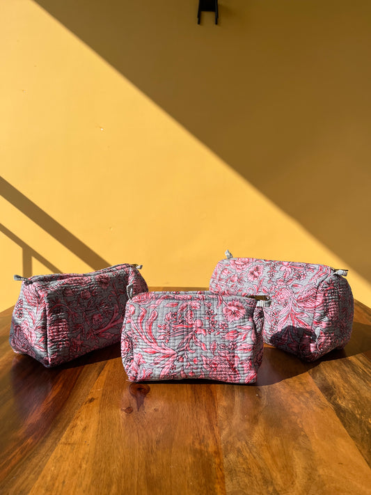 Dusky Pink Floral Cotton Quilted Pouches (set of 3)