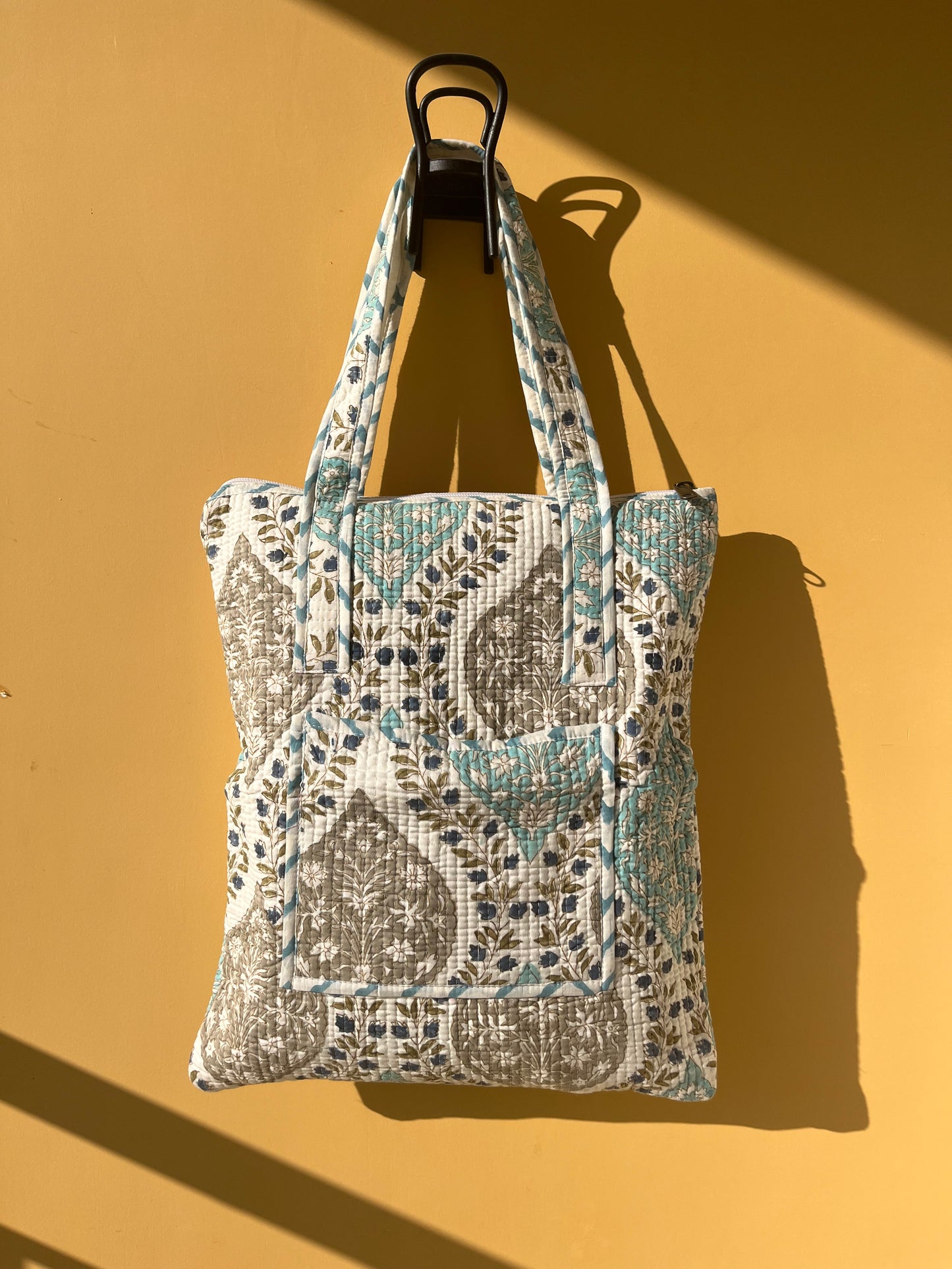 White Paisely  Vertical Cotton Quilted Tote Bag
