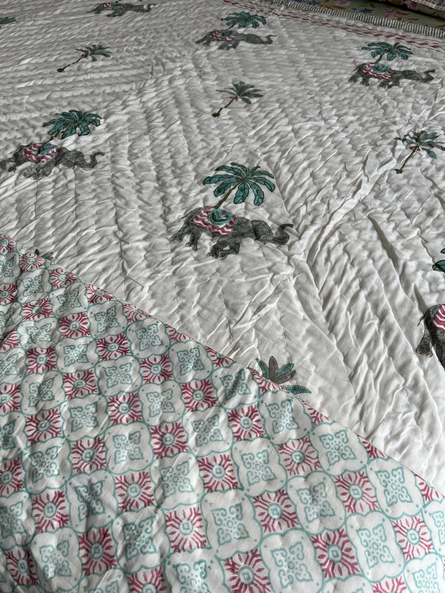 Elephant Print Handblock Double Bed Quilt (90”*108”)