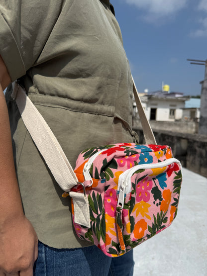 Tropical Blush Bloom Cotton Canvas Multi-pocket Crossbody Sling – Travel Light, Stay Stylish