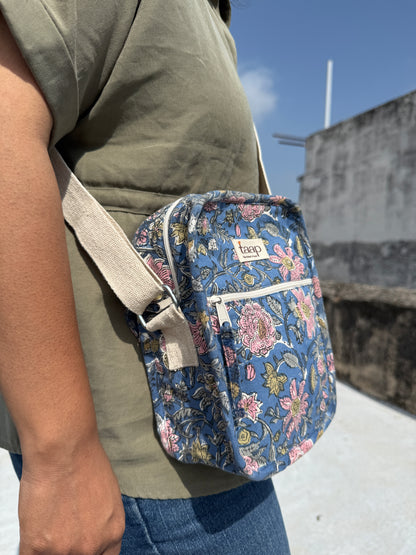 Dark Blue Floral Cotton Canvas Vertical Crossbody Sling – Travel Light, Stay Stylish