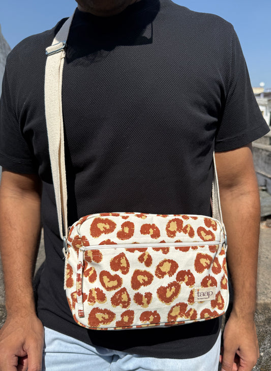 Leopard Cotton Canvas Horizontal Sling with Front & Inside Pocket – Sleek, Secure & Always Ready
