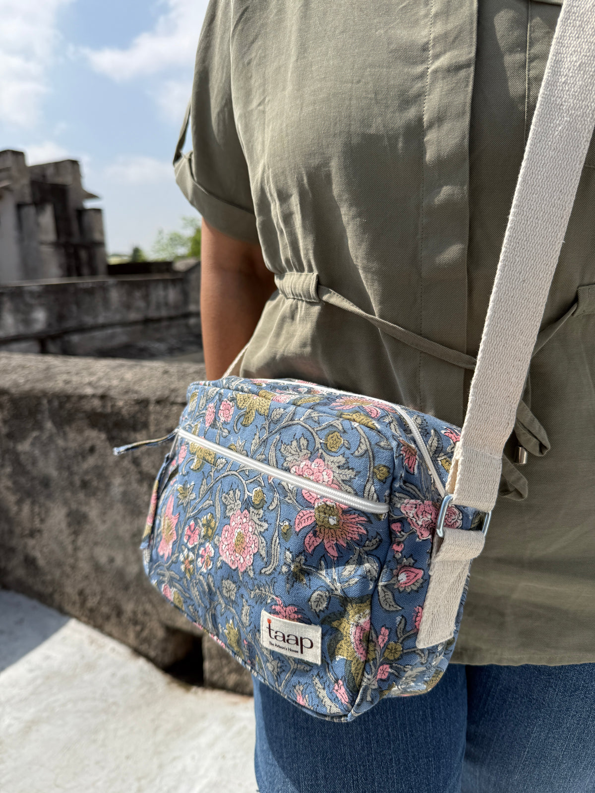 Dark Blue Floral Cotton Canvas Horizontal Sling with Front & Inside Pocket – Sleek, Secure & Always Ready