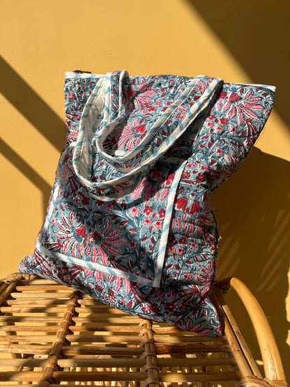Blush Meadow Vertical Cotton Quilted Tote Bag