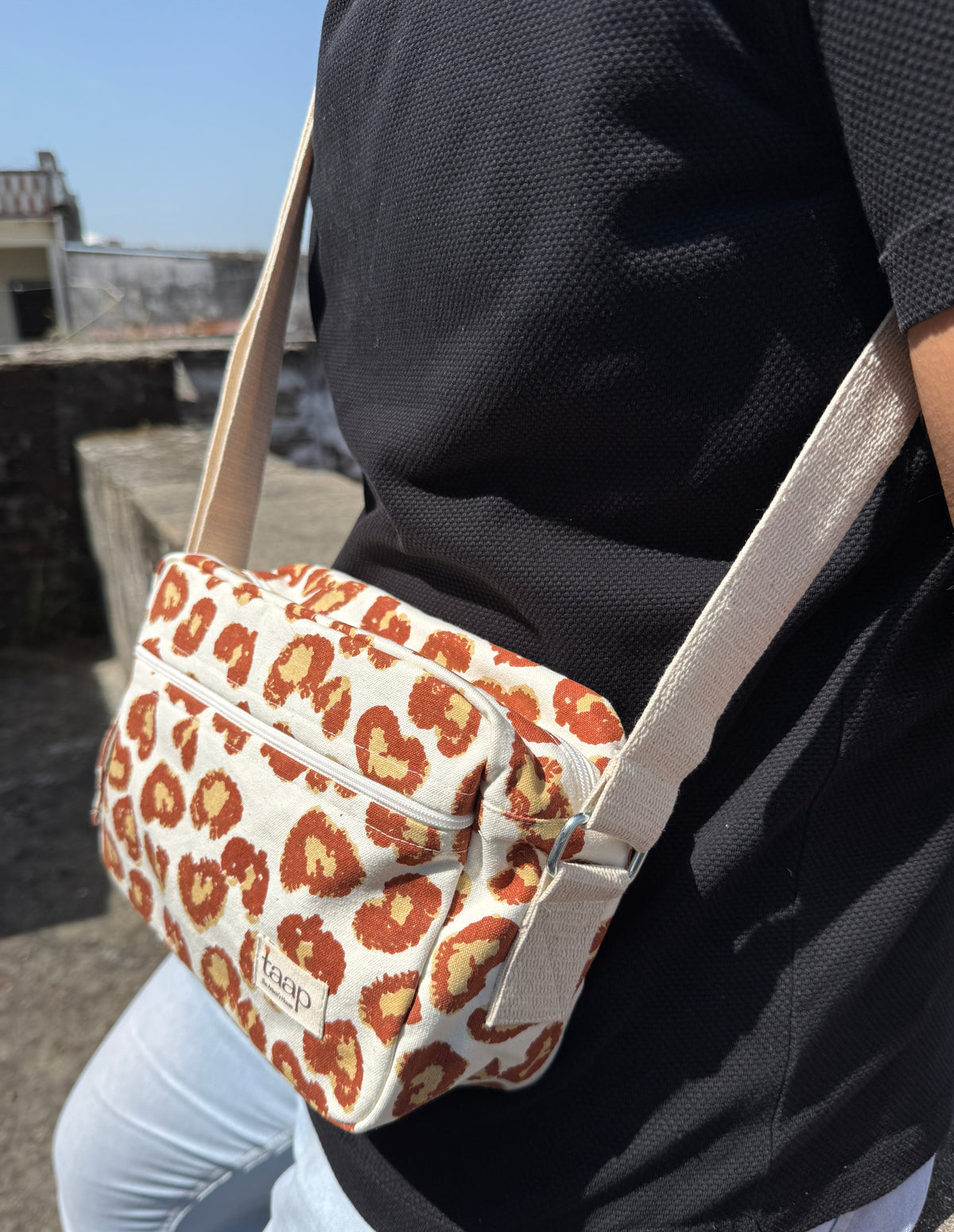 Leopard Cotton Canvas Horizontal Sling with Front & Inside Pocket – Sleek, Secure & Always Ready