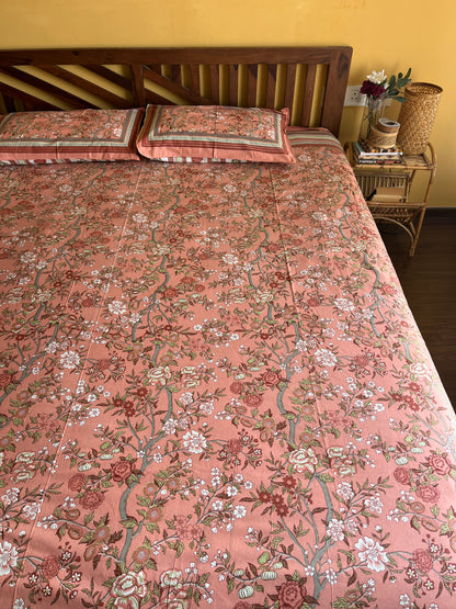 Peachy Bloom Cotton Queen Size Bedsheet with 2 Pillow Covers (100”*108”)