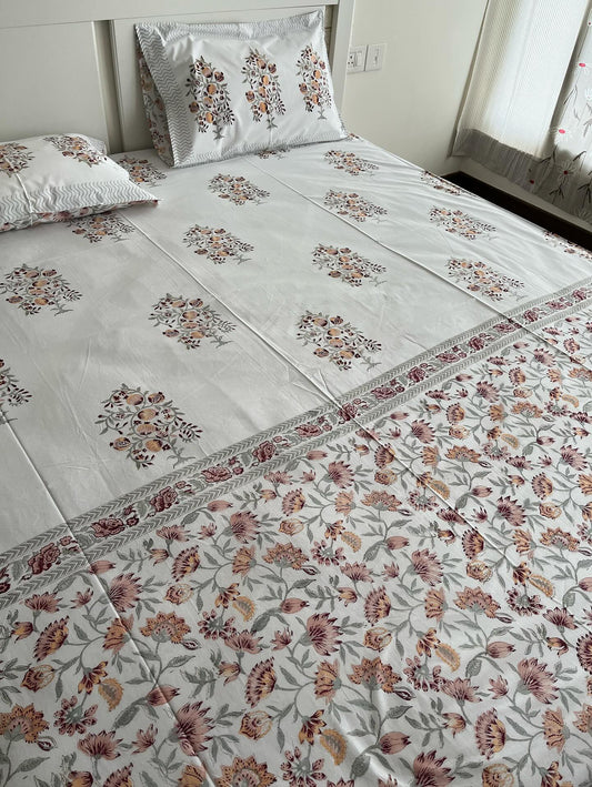 Amber Petals HandBlock Queen Size Bedsheet Set with 2 Pillow Covers (90”*108”)