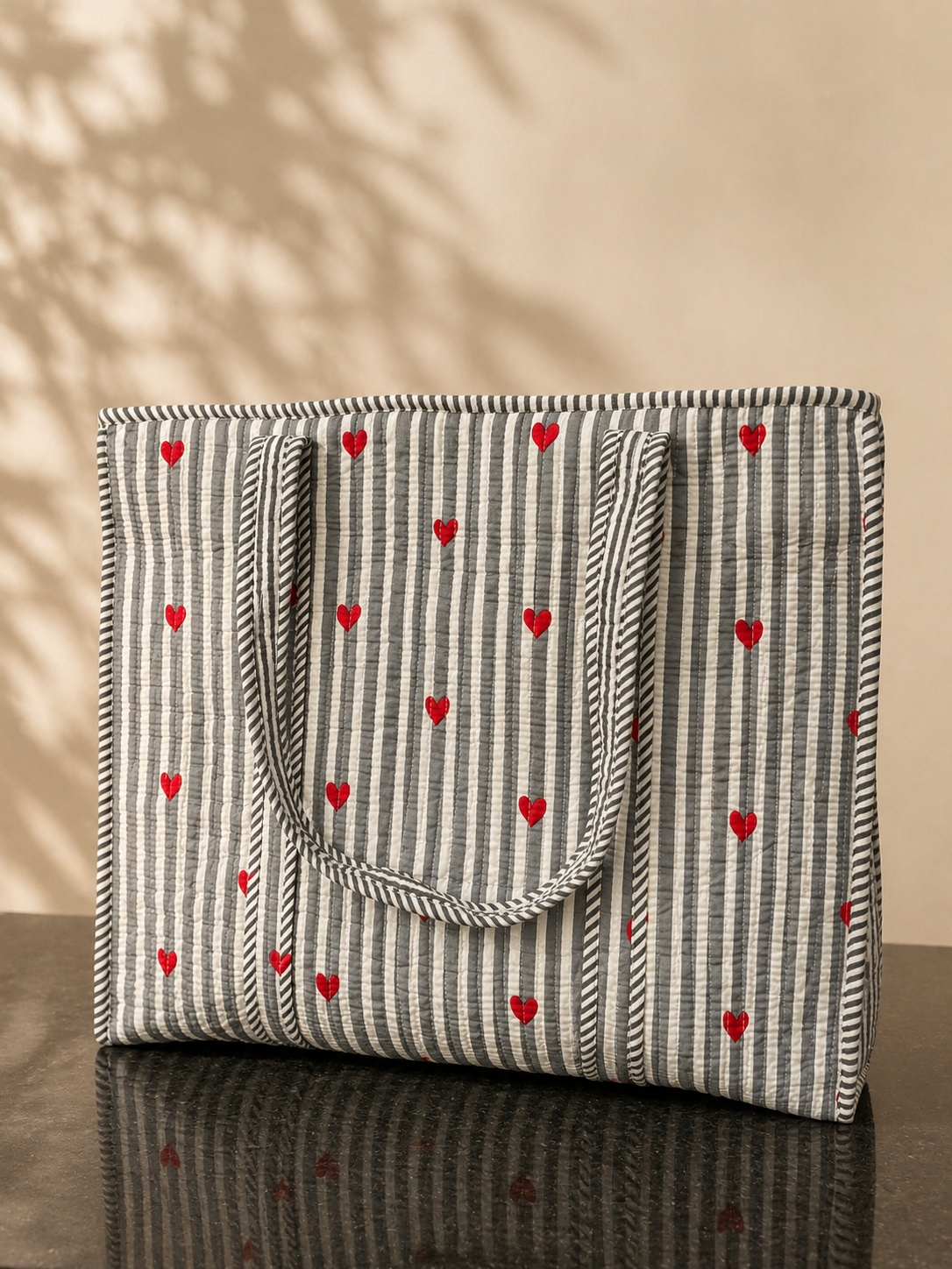 Grey Heart Horizontal Cotton Quilted Tote Bag