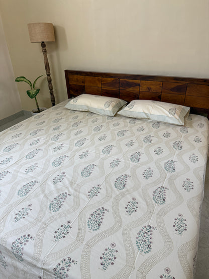 Serene Cascade HandBlock King Size Bedsheet Set with 2 Pillow Covers (108”*108”)