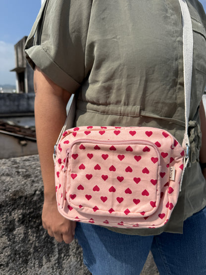 Pink Heart Cotton Canvas Multi-pocket Crossbody Sling – Travel Light, Stay Stylish