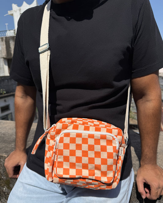 Orange Checkered Cotton Canvas Multi-pocket Crossbody Sling – Travel Light, Stay Stylish