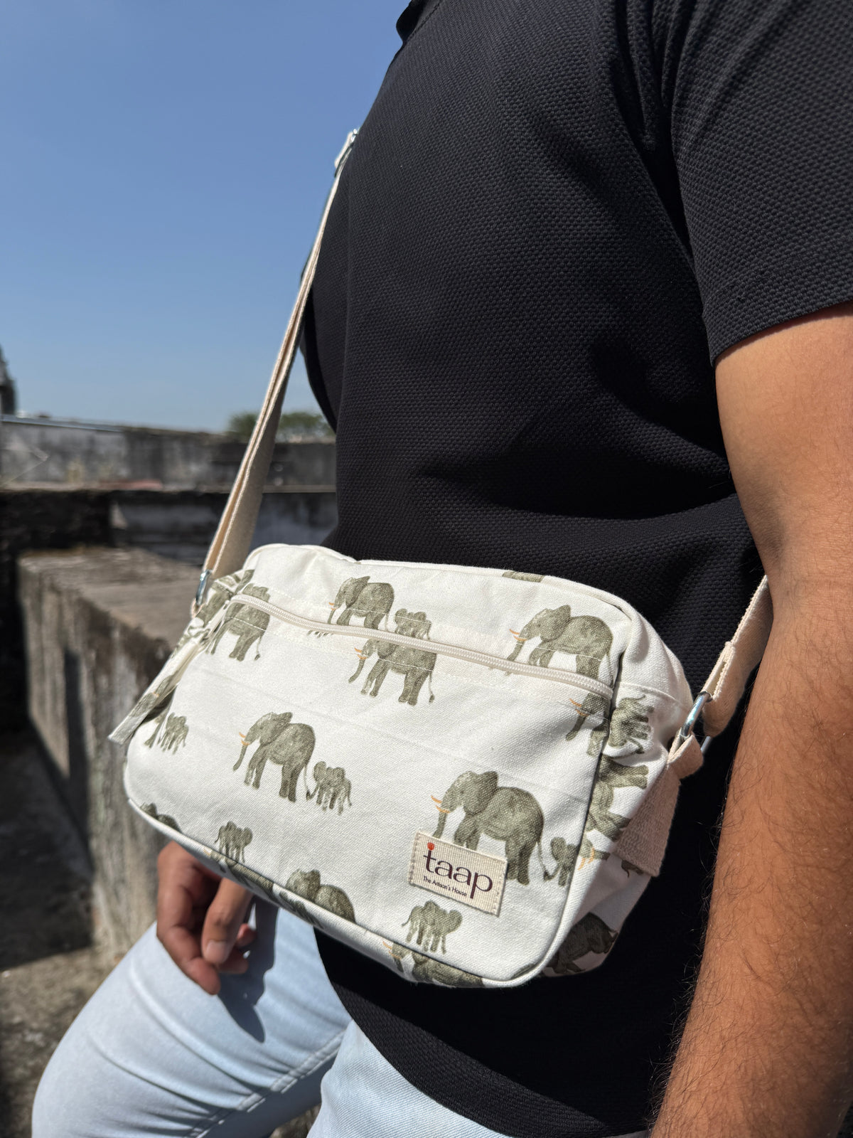 Elephant Cotton Canvas Horizontal Sling with Front & Inside Pocket – Sleek, Secure & Always Ready