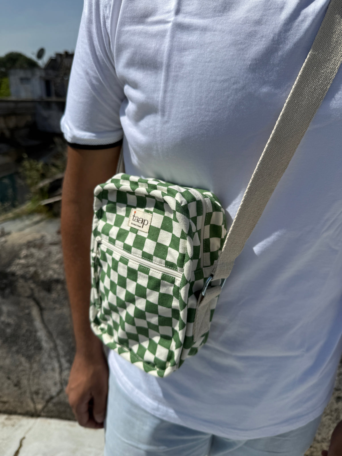 Green Checkered Cotton Canvas Vertical Crossbody Sling – Travel Light, Stay Stylish
