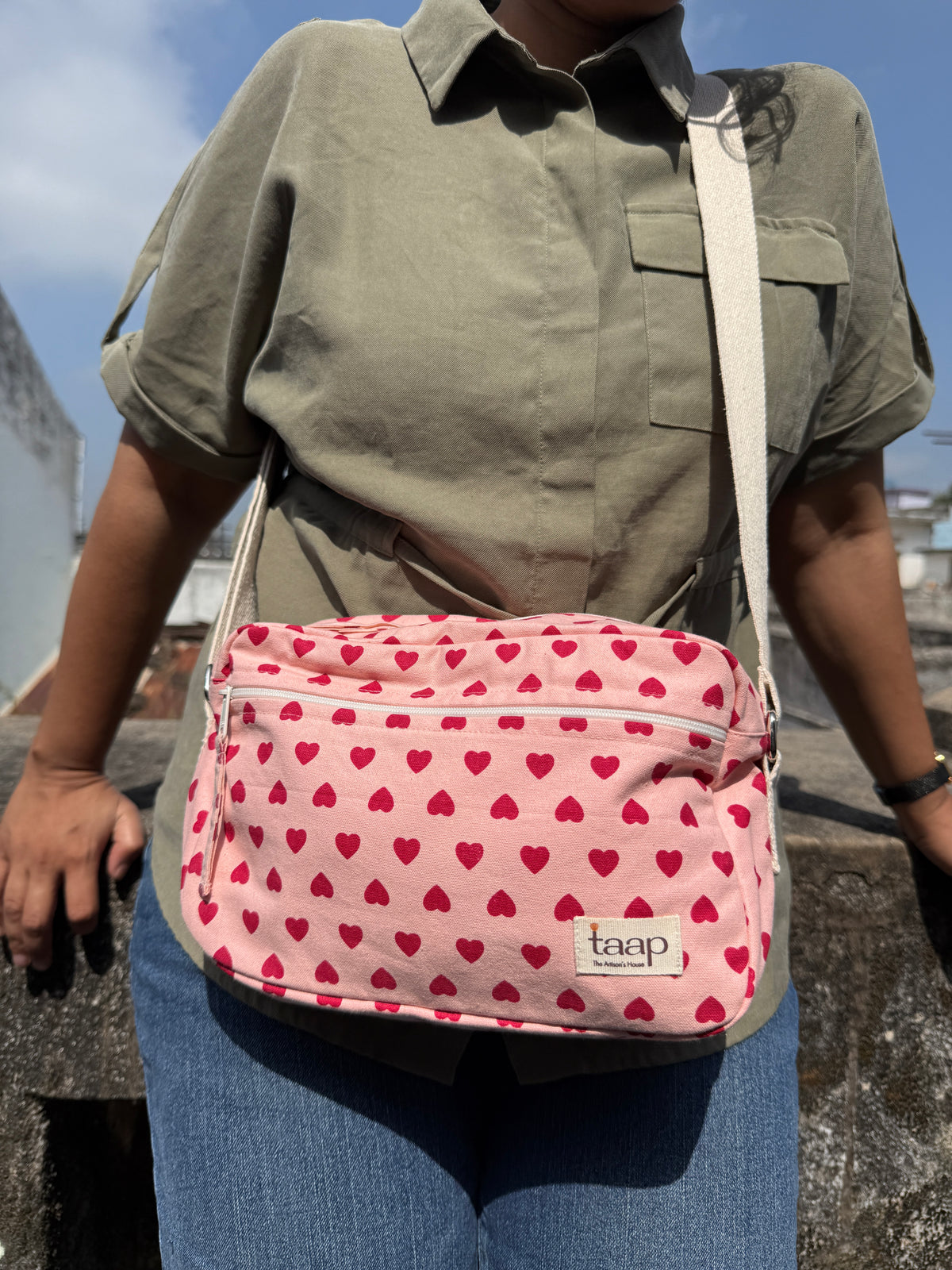 Pink Heart Cotton Canvas Horizontal Sling with Front & Inside Pocket – Sleek, Secure & Always Ready