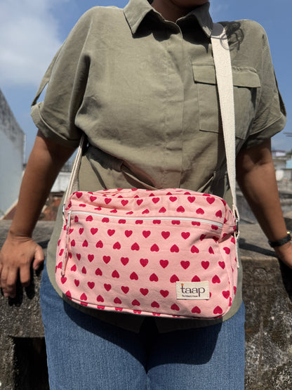 Pink Heart Cotton Canvas Horizontal Sling with Front & Inside Pocket – Sleek, Secure & Always Ready