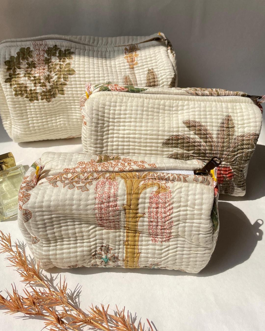 Golden White Palm Cotton Quilted Pouches (set of 3)