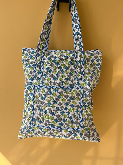 Dove Floral Vertical Cotton Quilted Tote Bag